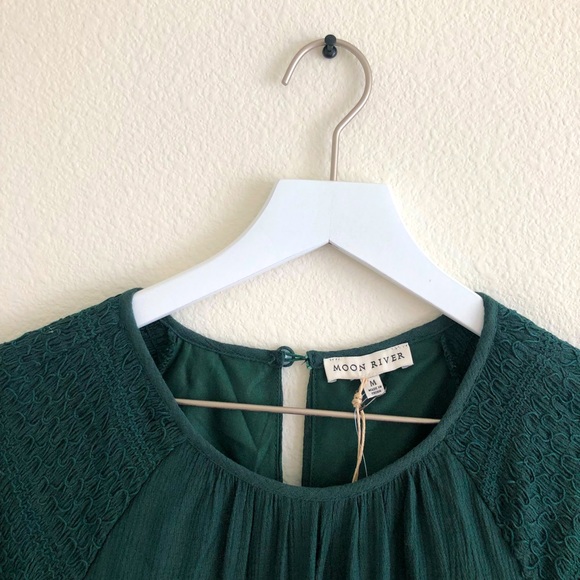 NWT Moon River Shopbop Smocked Long Sleeve TierMini Dress Emerald Green Medium - Picture 4 of 7